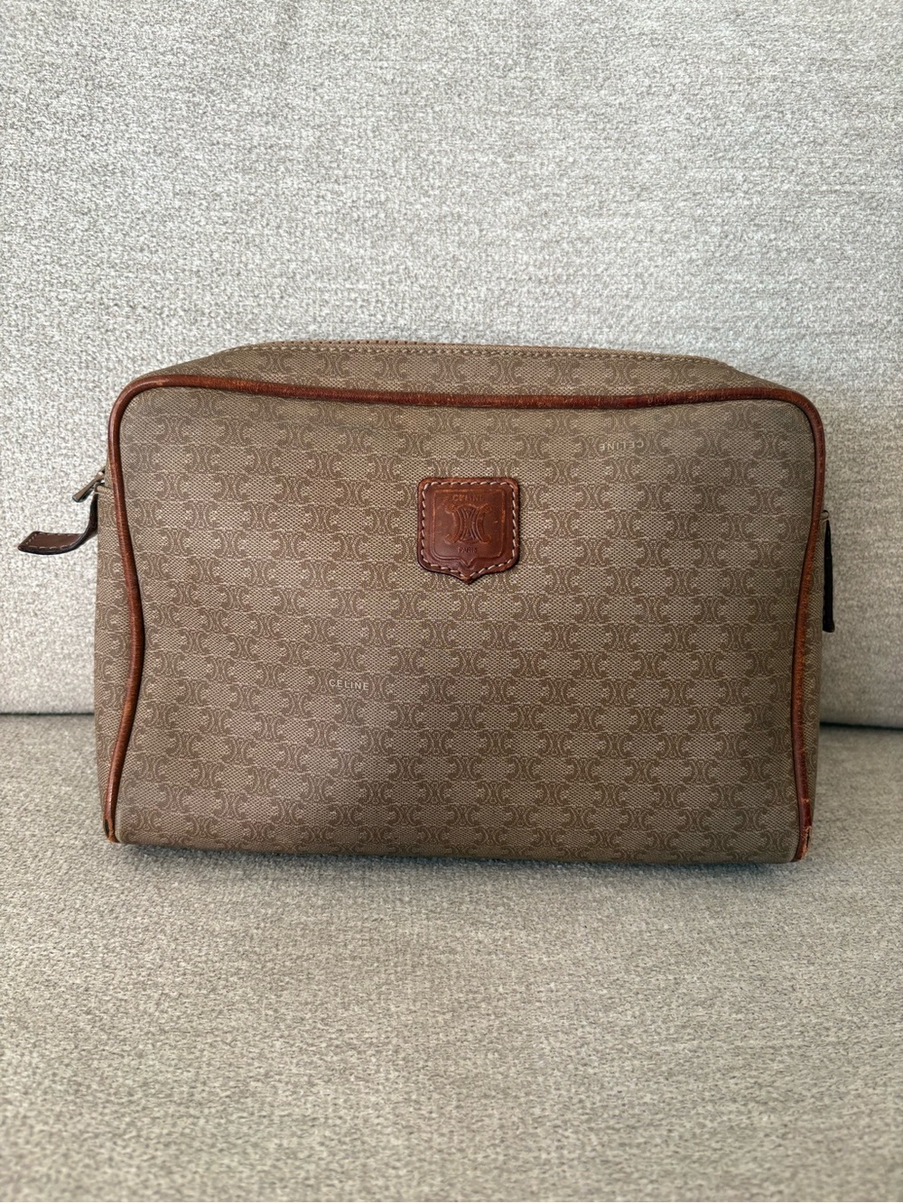 Celine Brown Monogram Canvas Toiletry Pouch with Leather Trim